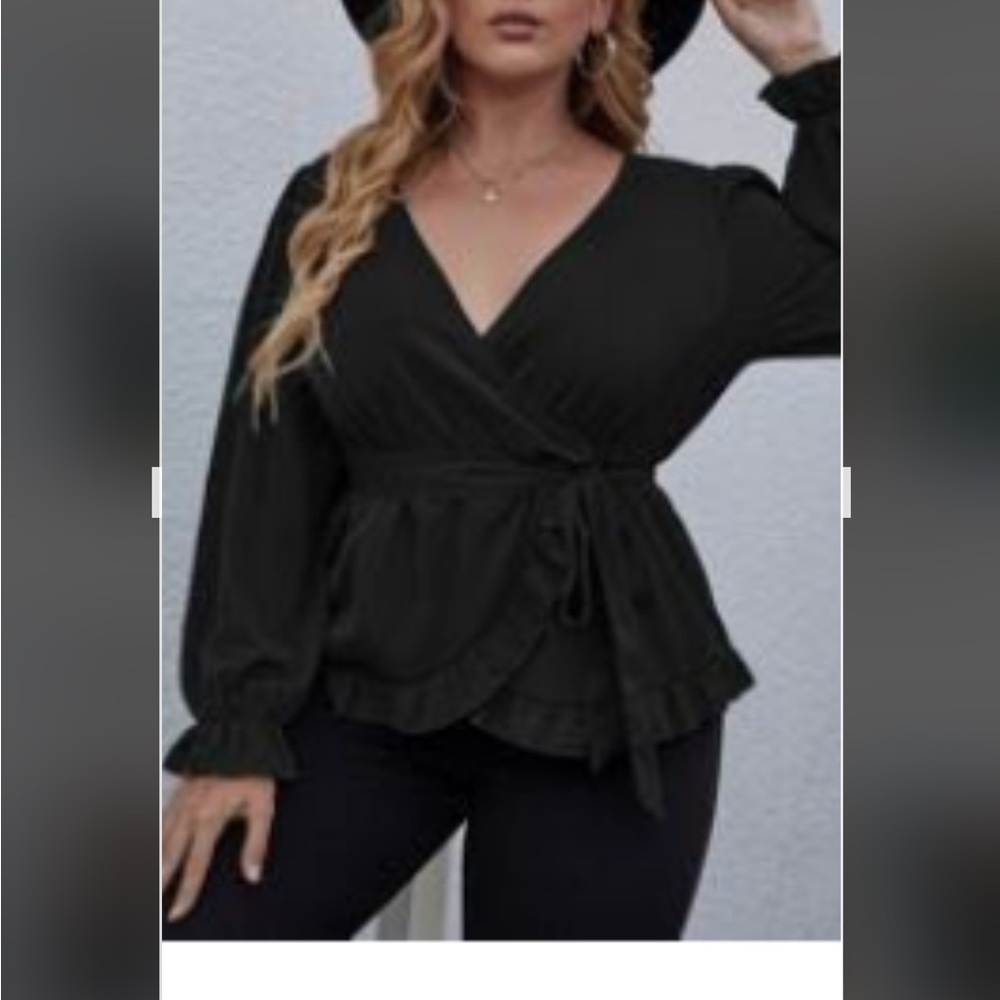 SHEIN Black Wrap Blouse with Ruffle Detail